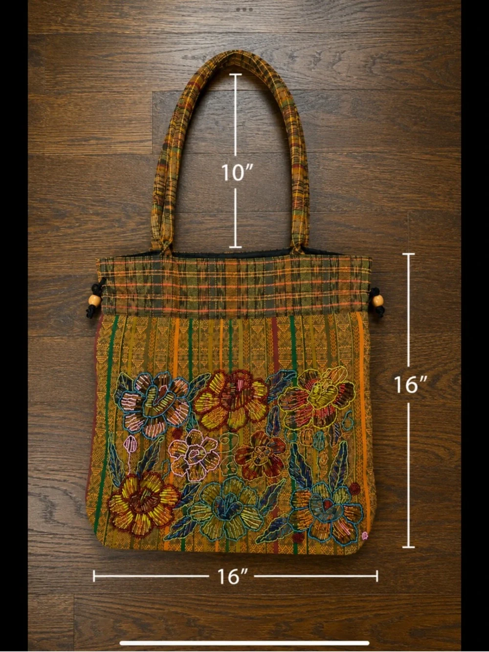 Artisan Beaded Floral Tote Bag Drawstring Purse Boho Embroidered Lined Handbag